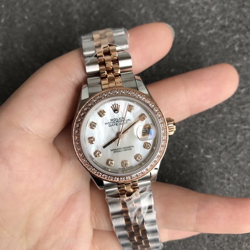 Rolex Datejust Women’s 28mm Mechanical Watch with Diamond Bezel, Rose Gold Mother-of-Pearl Dial, Diamond Scale, GS Classic Elegant Style