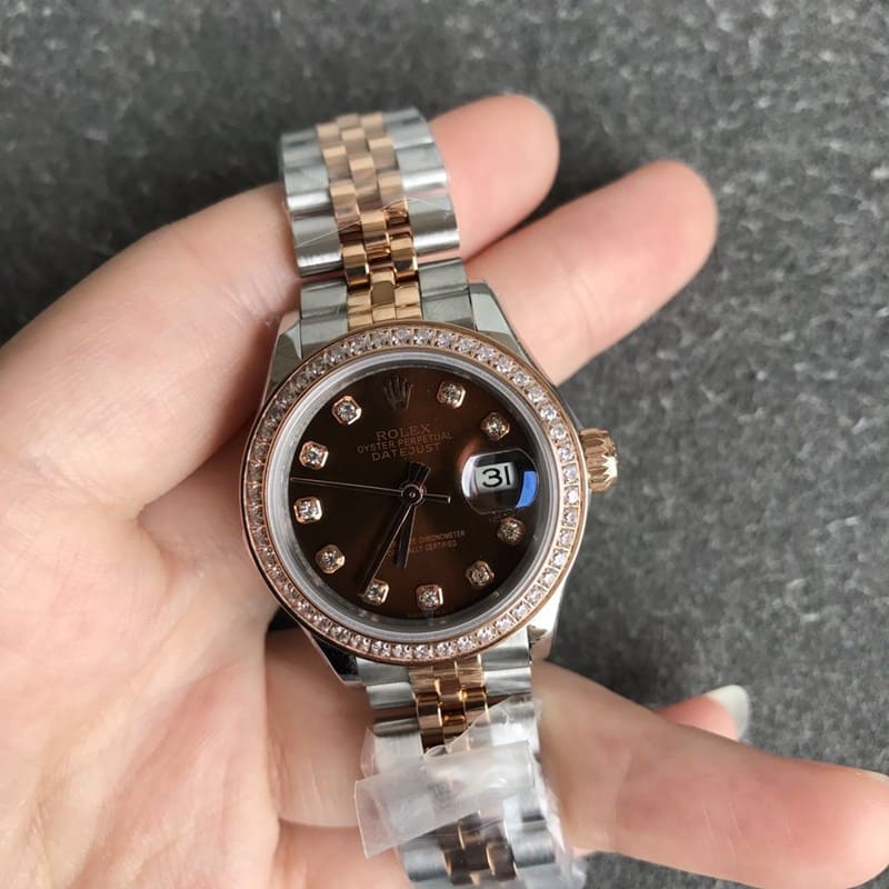 Precision 28mm Rolex GS Collection Elegant Women’s Mechanical Watch Rose Gold Chocolate Dial Bezel Setting