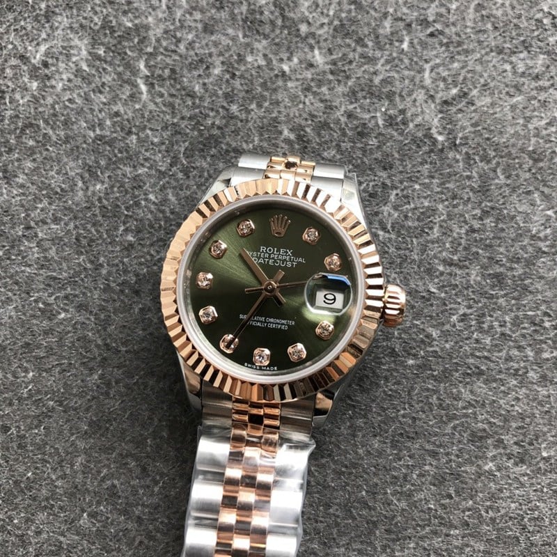 Faux Rolex Women's Watch Log 28mm Mechanical Tiger Tooth Ring Rose Gold Green Dial Drill Scale