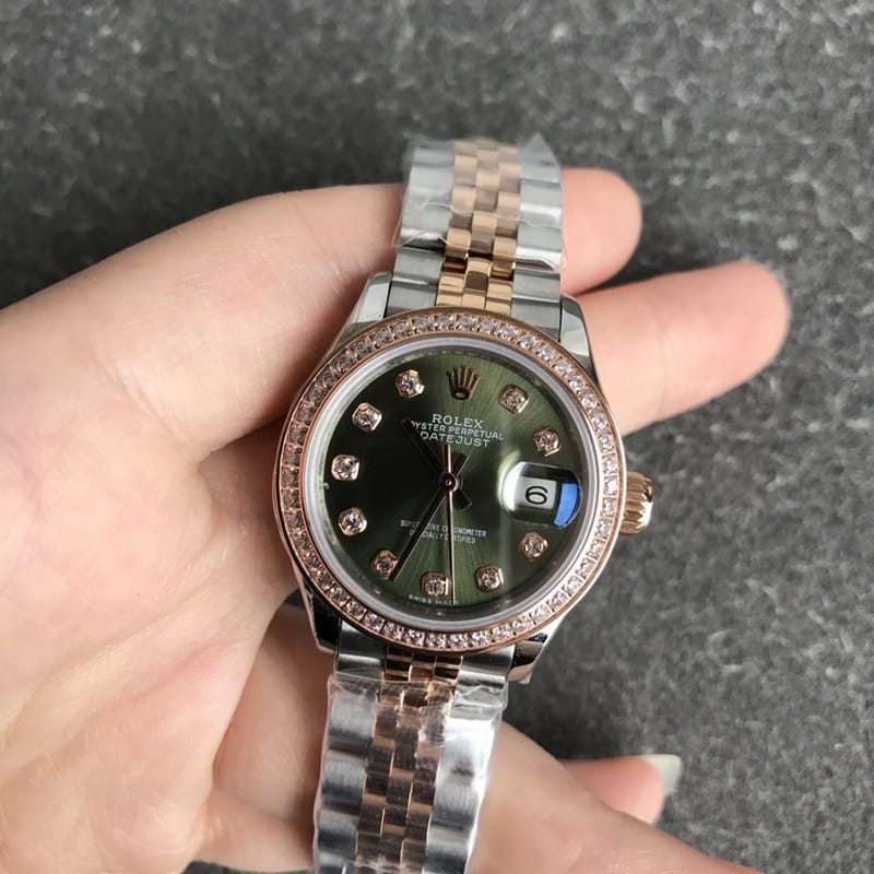 Rolex DateJust Rolex Super Clone 28mm Ladies Watch Log Rolex Mechanical Tiger Ring – Classic Elegant Rose Gold Green Dial with Diamond Scale