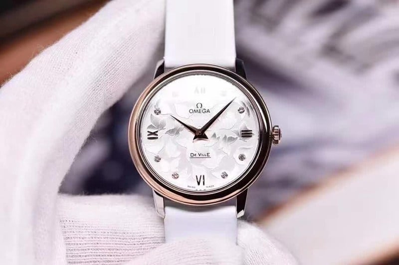 Top Super Clone Omega Women's De Ville Series 32.7mm Watch, Gold Butterfly Dance, White Satin-Silk Leather Strap