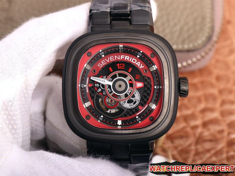 SEVENFRIDAY Red and Black CollectAutomatic Mechanical Men’s Watch with Swiss Steel Band, Large All-Black Dial and Texture Upgrade