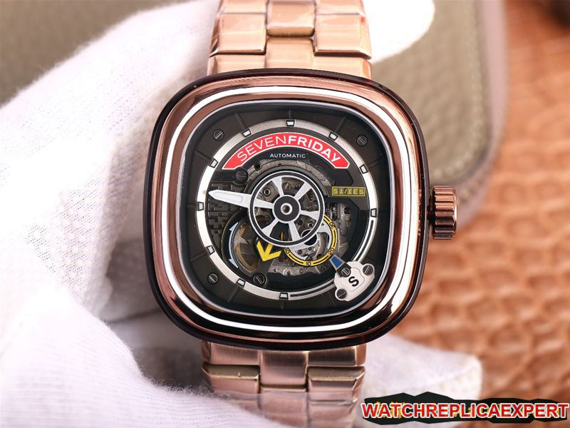 Premium Rose Gold Sevenfriday Skeleton Automatic with Swiss Steel Strap and Large Dial
