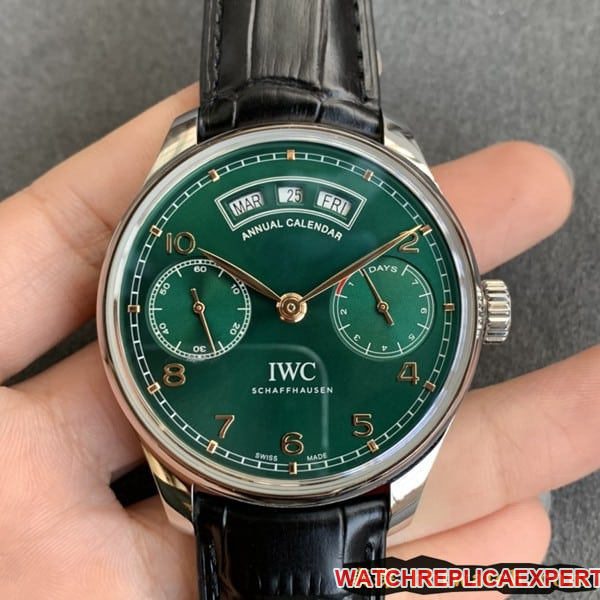 ZF IWC Portuguese Perpetual Calendar CollectWatch - Green Plate with Dynamic Display, Gold Hands Date Day Week Month