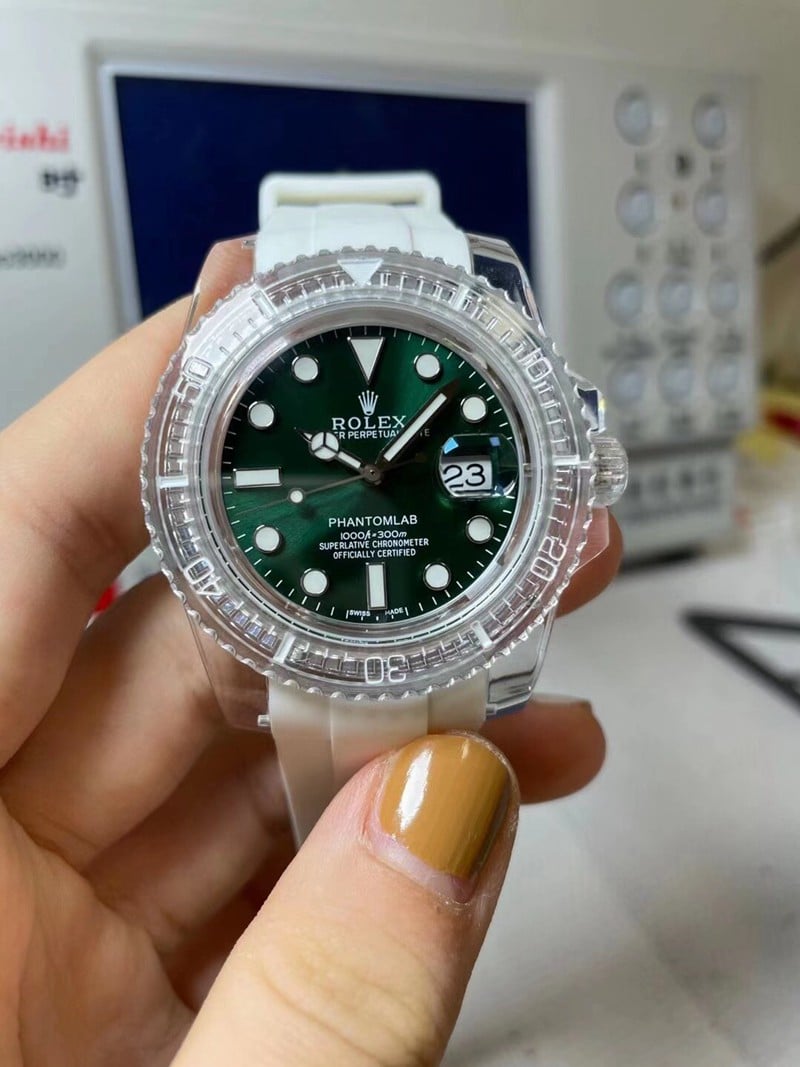 Rolex CollectGreen Ghost Transparent Watch with 3135 Movement, Green Dial, Acrylic Crystal