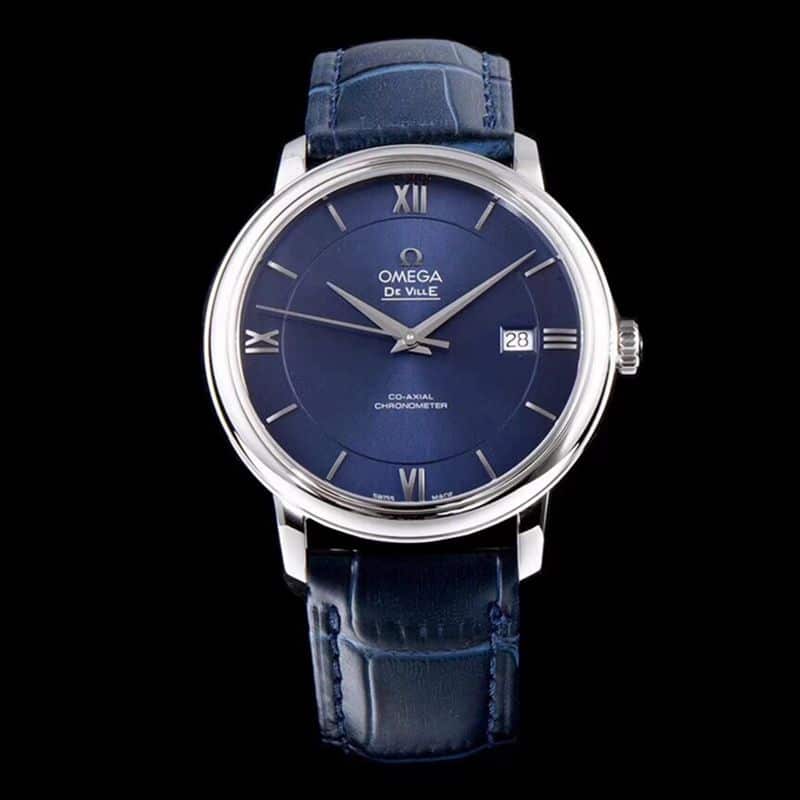 Top Super Clone Omega De Ville Series Ultra-thin Men’s Mechanical Watch, Blue Dial, Blue Leather Strap, TW Strongest Version