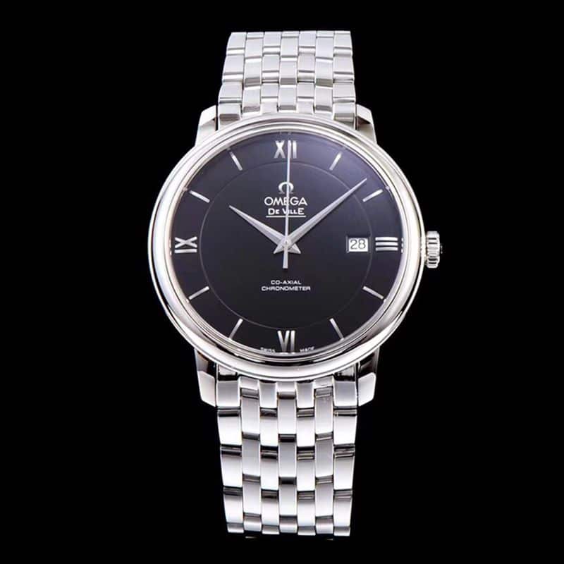 Omega De Ville Collection Men's Ultra-Thin Mechanical Watch, Premium-Quality 316L Stainless Steel, Black Dial and White-Gold Display
