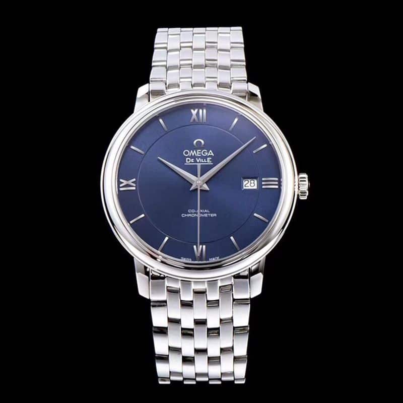 Omega De Ville Series Men’s Mechanical Ultra-Thin Watch with Brilliant Blue Dial, White Steel Luxury Collect