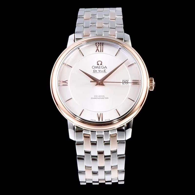 Omega watch disc flying business series men's mechanical ultra-thin watch rose goldsteel bracelet white face front view