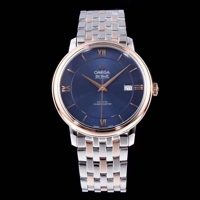 Omega De Ville Series Men’s Mechanical Ultra-Thin Watch, Rose Gold Steel Bracelet Blue Dial, Top-Grade TW Strongest Edition