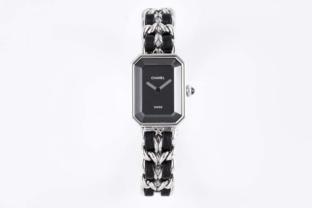Top Super Clone Chanel Premiere Series Quartz Watch in White Steel with Lacquered Black Dial and Exceptional Quality