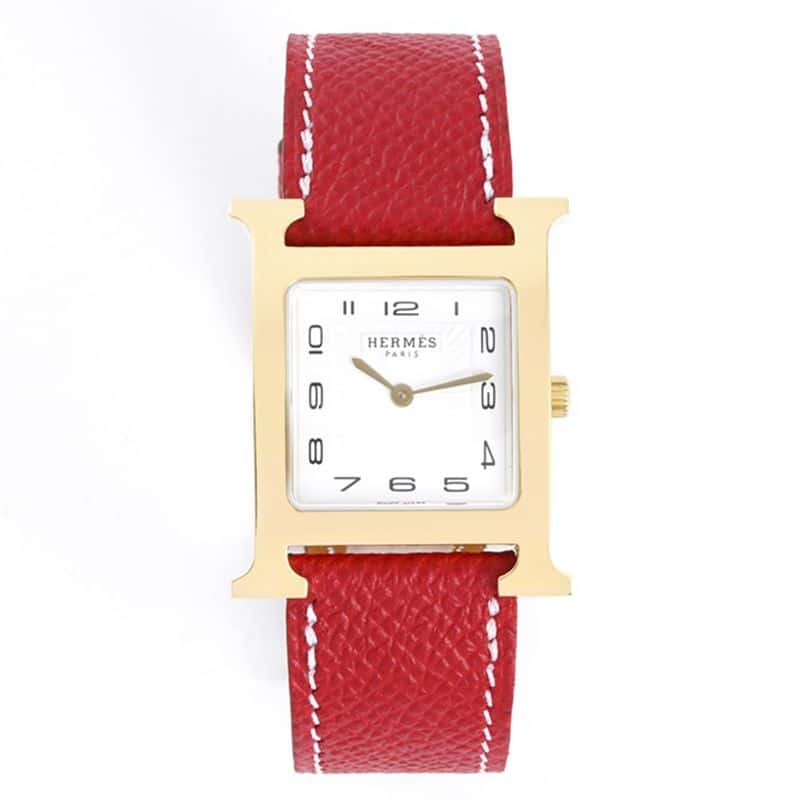 Hermès HeureH Series Quartz Square Watch CollectVermilion Strap, Rose Gold, Sandblasted White Dial and Sapphire Crystal
