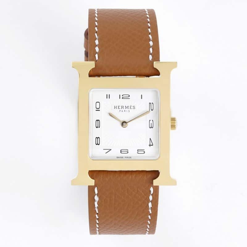 Top CollectHermes Women’s HeureH Series Quartz Square Fashion Watch with Tudor Yellow Strap, Rose Gold Plate and Sandblasted White Dial – BV Factory
