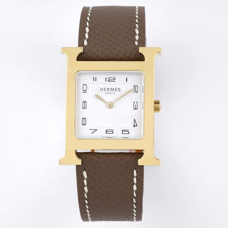 Premium BV Factory Hermès Heure H Series Quartz Square Watch with Refined Sandblasted Dial, Brown Leather Strap and Rose Gold Plating