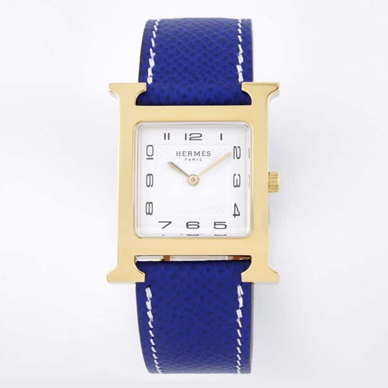 Hermes Heure H Series Blue Leather Strap Rose Gold Plated BV Factory Sandblasted Dial Quartz Square Women’s Watch