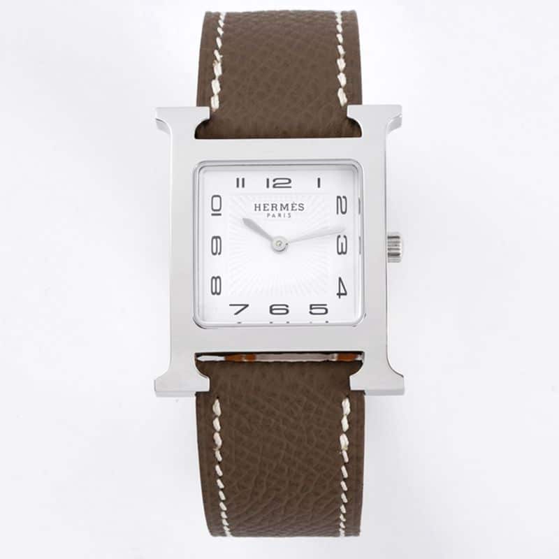 BV Factory Hermès Heure H Women’s Quartz Square Super Clone Watch with Dark Gray Strap and Sandblasted White Dial