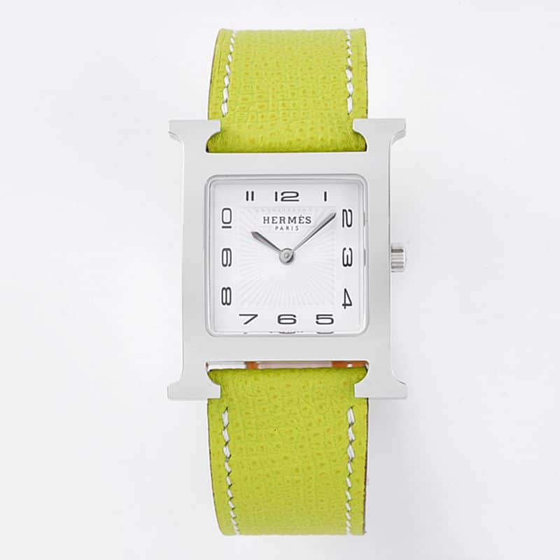 Super Clone Hermès HeureH Square Ladies Quartz Watch, BV Factory White Sandblasted Dial & Light Yellow Cowhide Strap