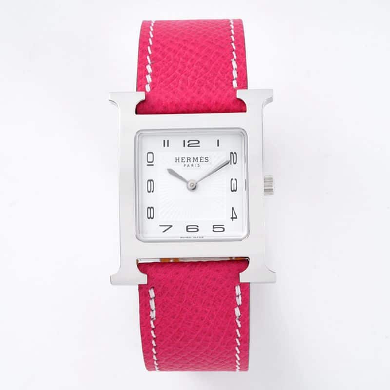 BV Factory Hermès Heure H women’s quartz square watch with elegant styling, sandblasted white dial and pink genuine Italian cowhide strap