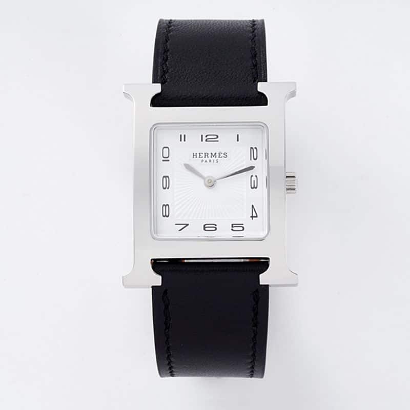 Hermes Top CollectWomen’s Heure H Quartz Square Watch with Black Leather Strap and White Dial from Super Clone Watch Brands