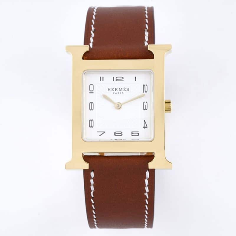 BV Factory Hermès Heure H Ladies Square Quartz Watch with White Dial and Black Leather Strap