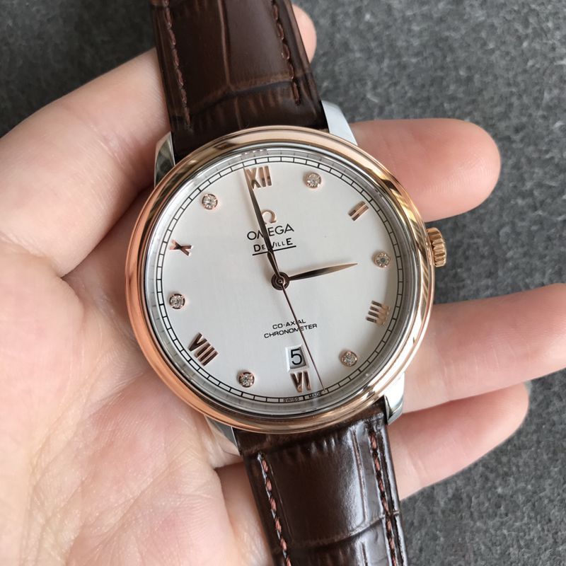 Omega De Ville Series Men's White Leather Strap Mechanical Watch with Brushed Dial and Original Spray Buckle Fit