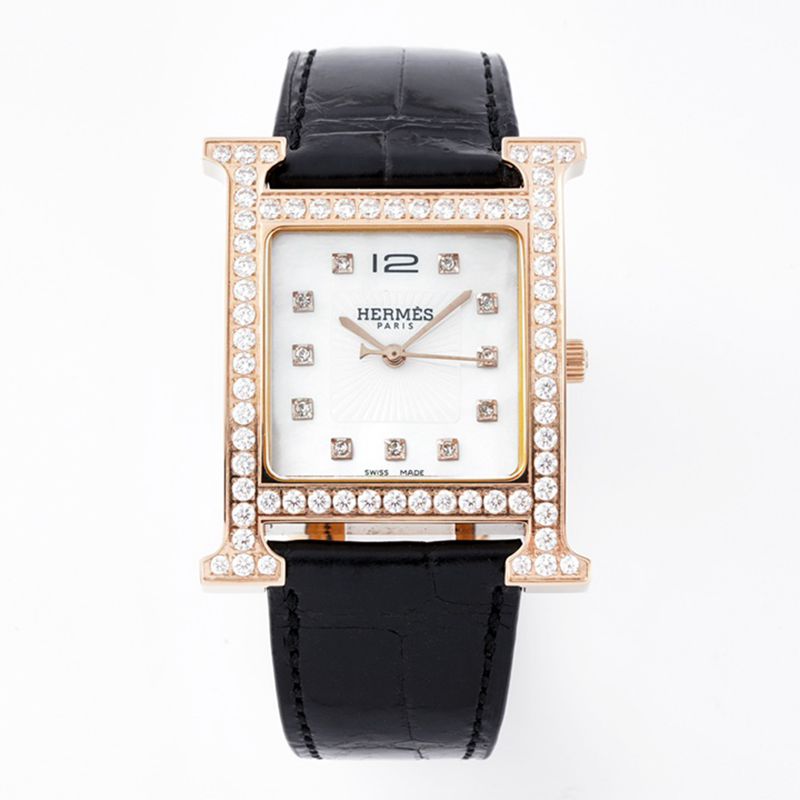 Hermes Heure H Big Three Hands Women’s Quartz Watch with Mother-of-Pearl Dial and Crocodile Leather Strap