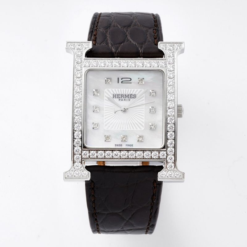 BV Factory Hermes Heure H Big Three Hands Series Women’s Quartz Watch with Mother-of-Pearl Dial and Genuine Leather Strap Casual Wristwatch