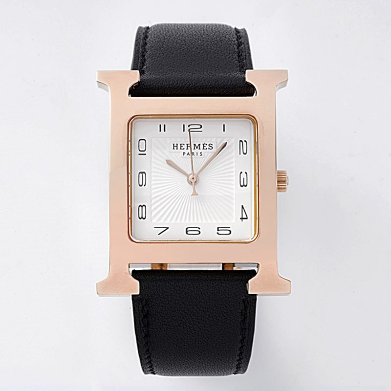 Hermes HeureH Big Three Hands Ladies Rose Gold Watch with White Mother-of-Pearl Dial and Genuine Italian Cow Leather Strap