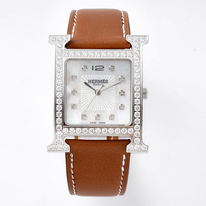 BV Factory Hermès Heure H Women’s Three-Hand Mother-of-Pearl Diamond Watch with Genuine Italian Leather Strap