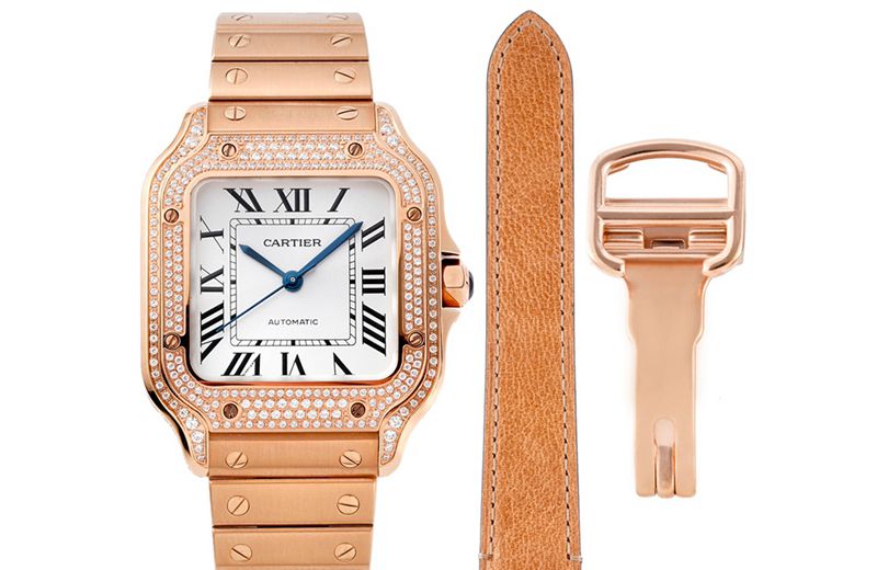 Cartier Santos Collection Women’s Steel Bracelet Watch with Diamond-Set White Dial and Rose-Gold Detailing