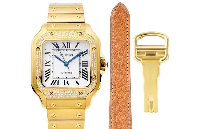 Cartier Santos women’s stainless steel bracelet watch with white dial, diamond accents, gold details and sunburst-finish dial