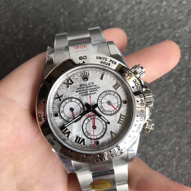 Rolextop-tierhigh-quality Collectwatch white gold Daytona series meteorite face men's mechanical steel bracelet watch front view
