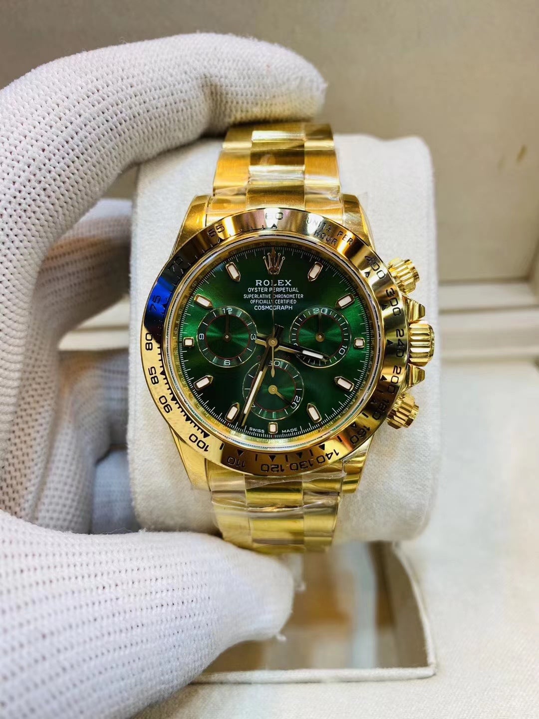 Rolex Men’s 18K Yellow Gold Emerald Green Dial CollectWatch with Thick Gold Bracelet