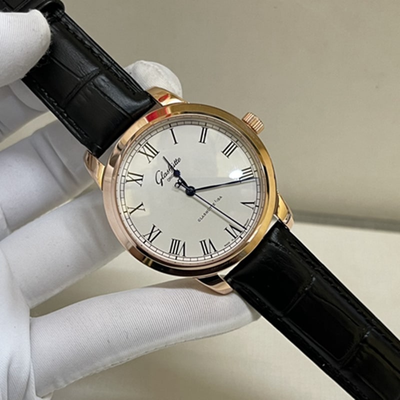 Top Super Clone Glashütte Original Men’s Leather-Strap Watch in 18K Rose Gold with CNC-Cut Natural Diamonds