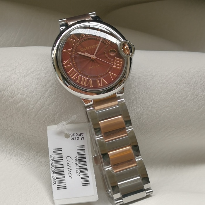 Cartier Reloj mecánico automático con placa marrón Ballon Bleu serie 2824-2 para hombre, esfera guilloché, caja de acero y oro rosa, 42,1 mm