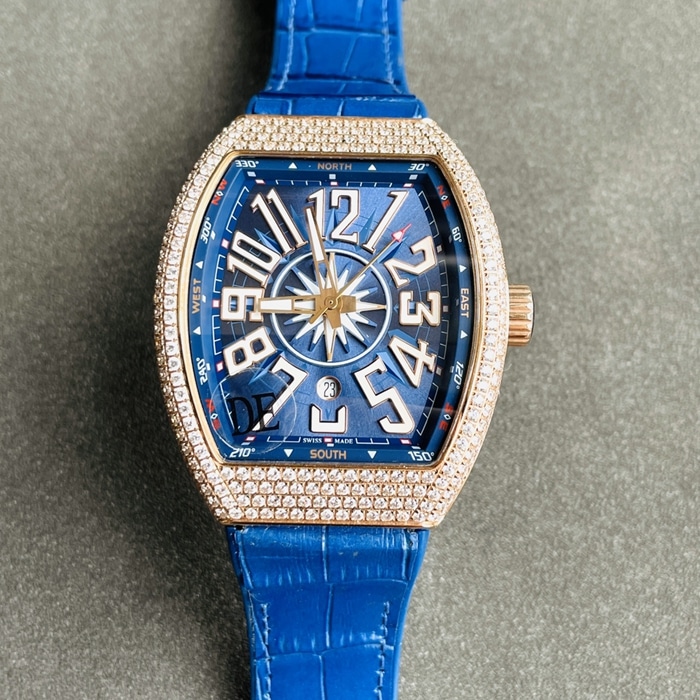Super Clone Franck Muller V45 SC DT Automático para hombre con cristal revestido azul y esfera tipo sándwich curvada