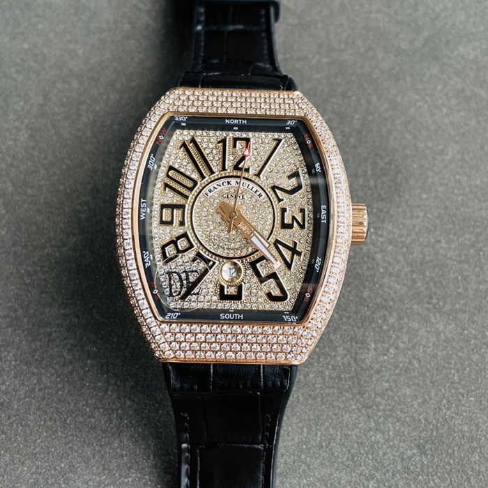 Top High-Quality Super Clone Frank Muller Men's Gold Plate V45 SC DT Series Automatic Mechanical Wristwatch with Cowhide Strap