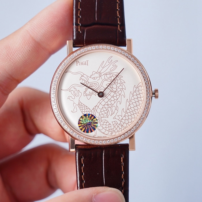 Super Clone Piaget Dragon and Phoenix Series Men's White Dial Leather Strap Watch, Auspicious Formal Style