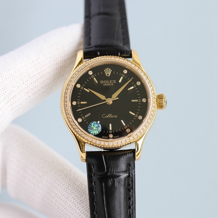 Top High-Quality Rolex Women's Black Plate Cellini Series Belt Watch with Sapphire Mirror & Italian Calfskin Leather