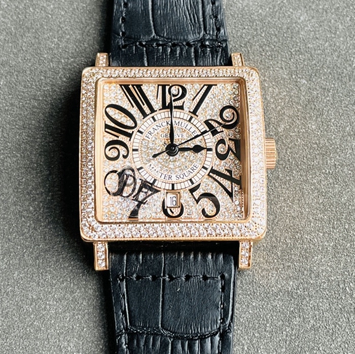 Super Clone Franck Muller Men's Gold Plate Full Star Series Square Case Calfskin Strap Watch