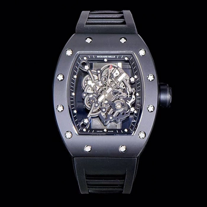 Richard Mille RM055 Men's Black Plate V2 Upgraded Watch in Imported Black Ceramic with Swiss White Jewel