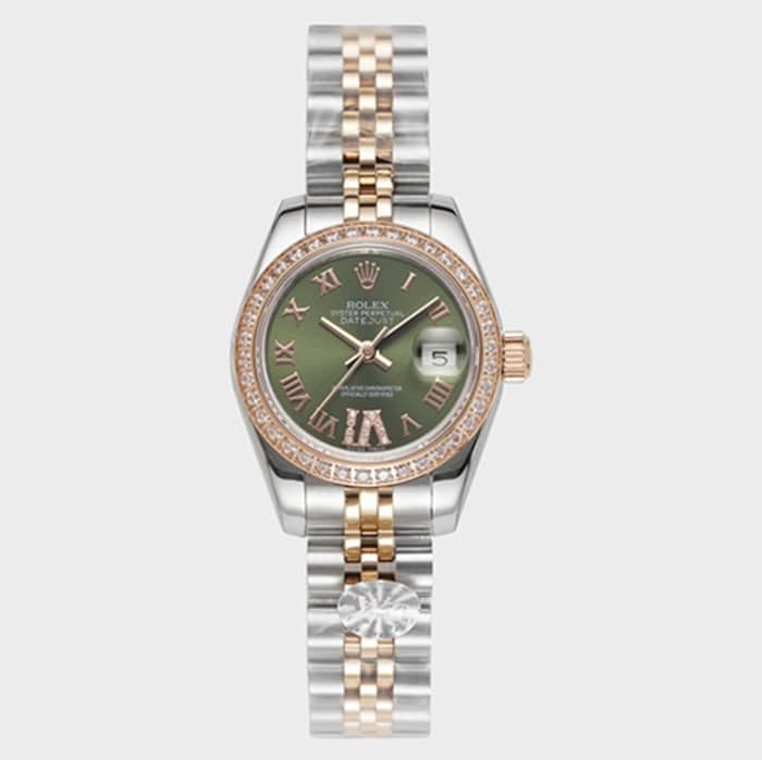 Rolex top Collectwomen's green dial Datejust wristwatch with steel band, Oyster case WF 279174-0009