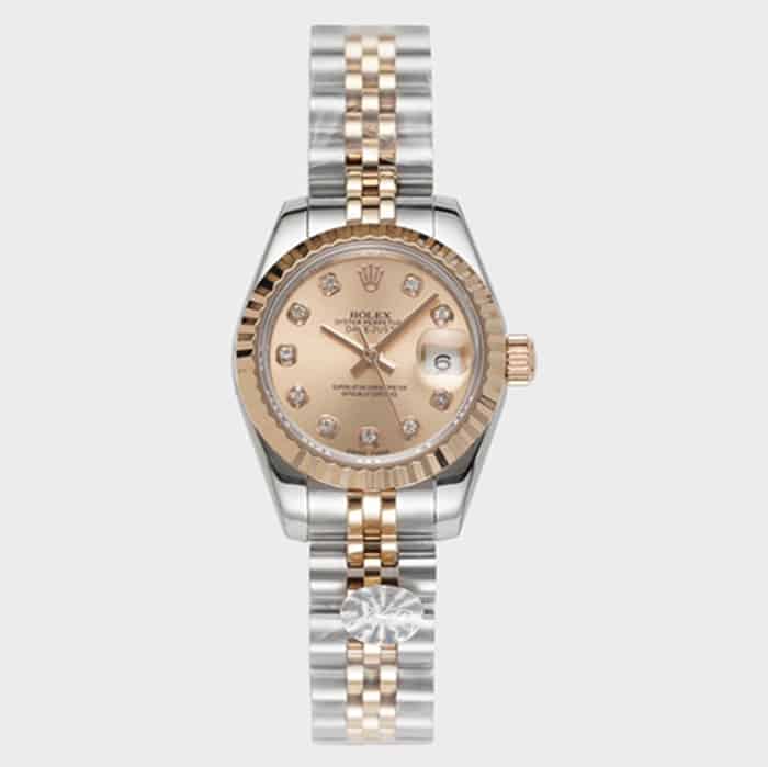 WF Rolex Women's Gold Plate Log Type 28mm Super Clone Stainless Steel Band Watch