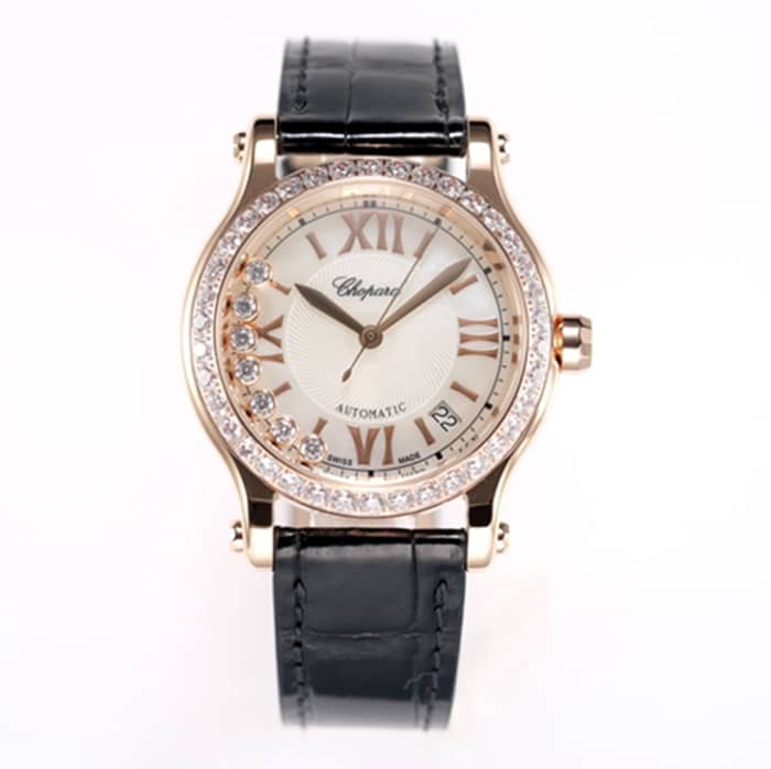 Premium CollectChopard Women's Gold Plate Black Strap Happy Diamonds collection noble goddess watch