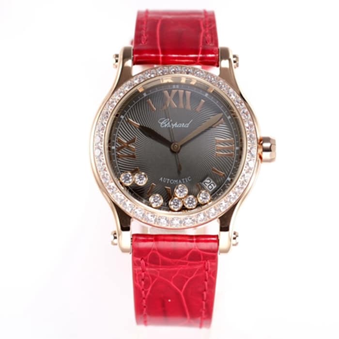 Chopard, las mejores réplicas de relojes Chopard, placa negra para mujer, banda roja, Happy Diamonds, serie HAPPY DIAMONDS, relojes mecánicos con movimiento integrado 2892-2