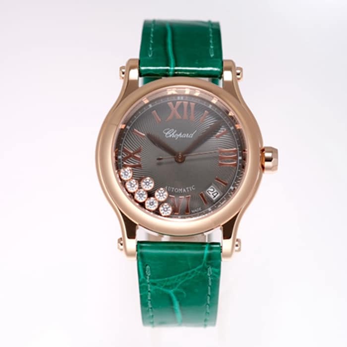 Chopard YY Best Super Clone Women's Black Dial Green Band HAPPY DIAMONDS Series Noble Goddess Mechanical Wristwatch