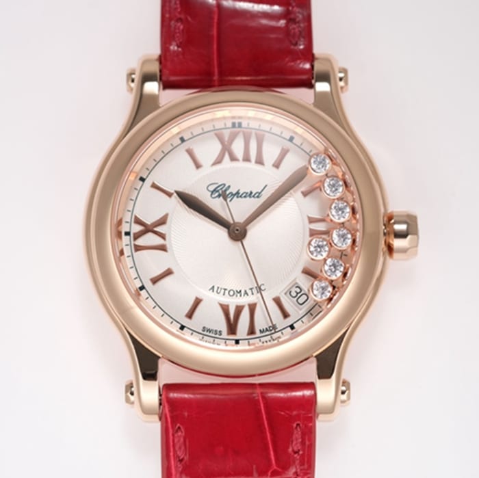 Reloj Chopard Happy Diamonds super clon para mujer con esfera blanca y correa roja noble diosa