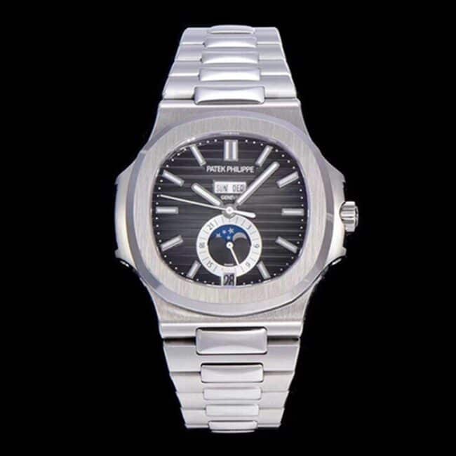 GR Factory Patek Philippe Patek Philippe Men's Sporty Elegant 1:1 Super A Super Clone Nautilus Watch with Dark Gray Dial, Moon Phases and Stainless Steel Strap, Model 5726/1A-001