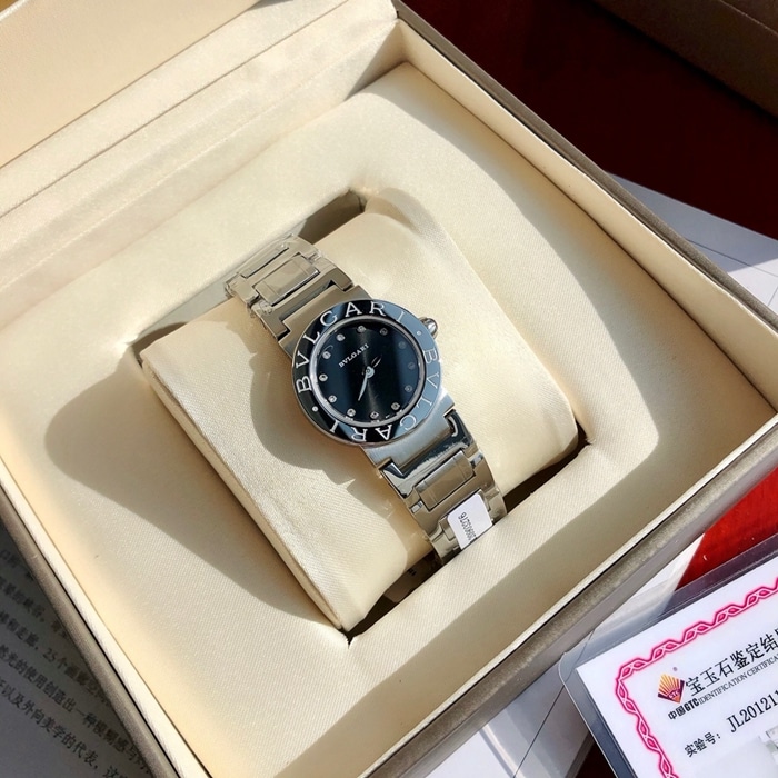 Bvlgari Women’s Black Steel Bracelet Quartz Watch with Stamped Bottom Cover and 9-Section Strap