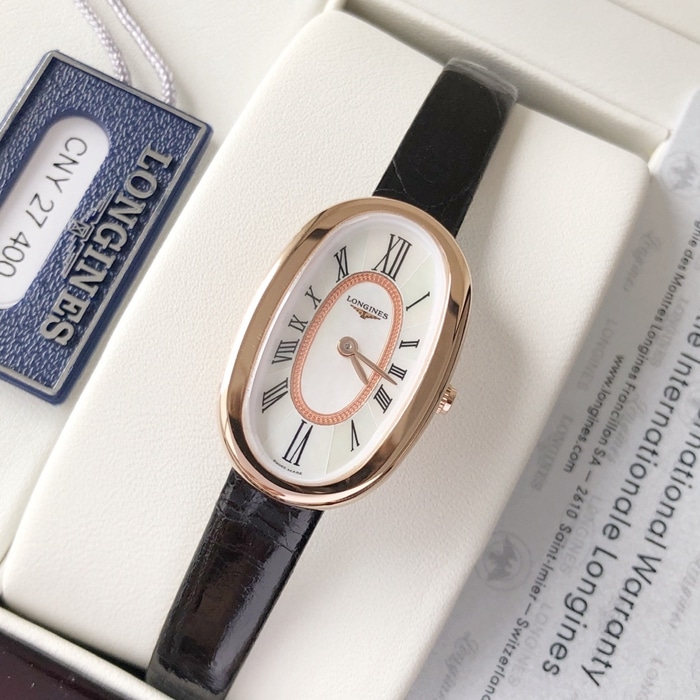 Longines Round Dance Series Women’s Replica Quartz Watch, White Dial, Black Strap, Mother-of-Pearl Craft